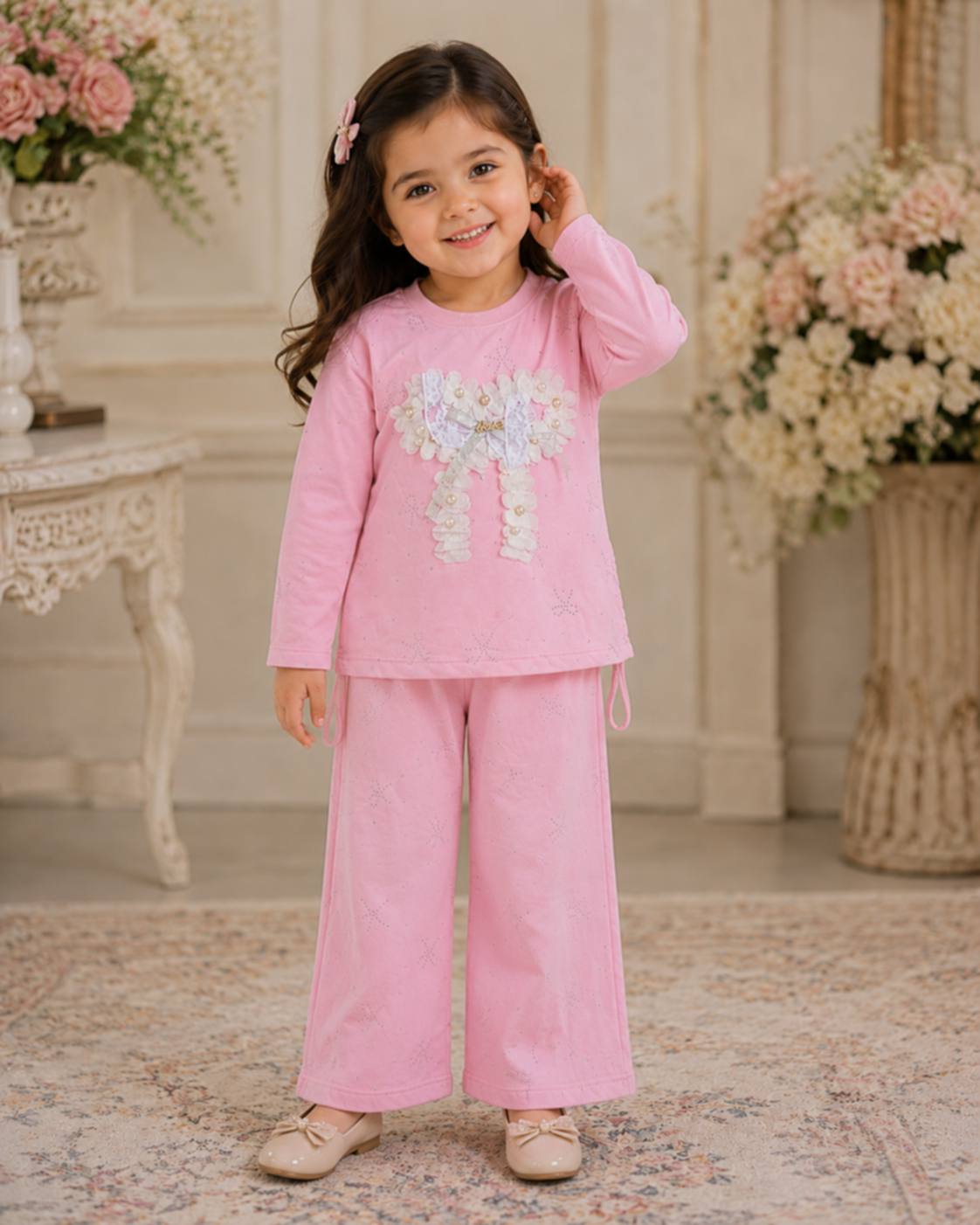 Readymade Winter Stuff Baby Girls 2 Piece Pink Dress Set – Full Sleeves Bow Floral Top with Matching Trousers | Soft & Comfortable Outfit for Girls"