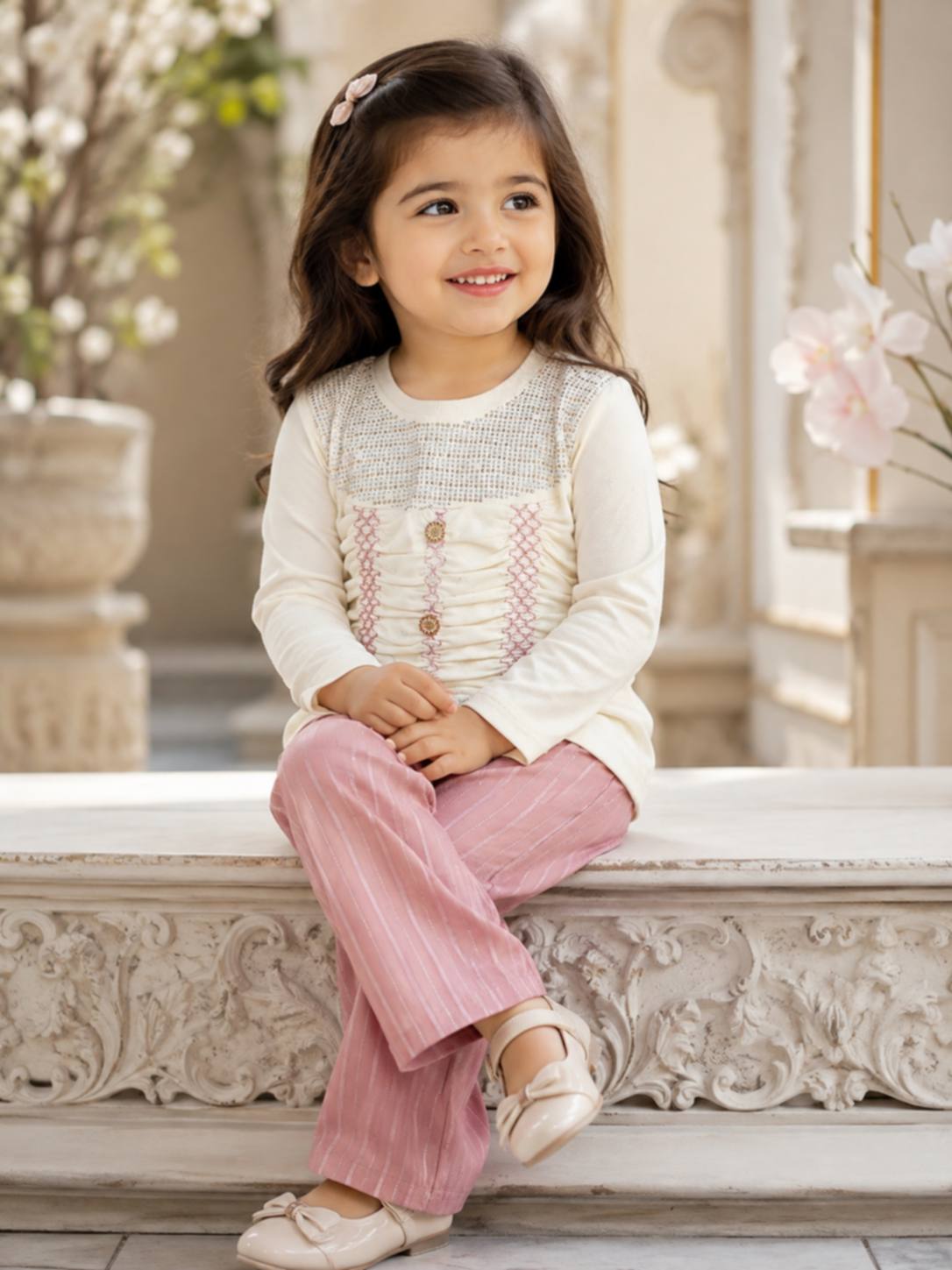 Readymade Winter Stuff Girls 2 Piece China Lycra Dress – Ruched Long Shirt with Chiffon Palazzo Pants | Stylish Casual Outfit for Girls