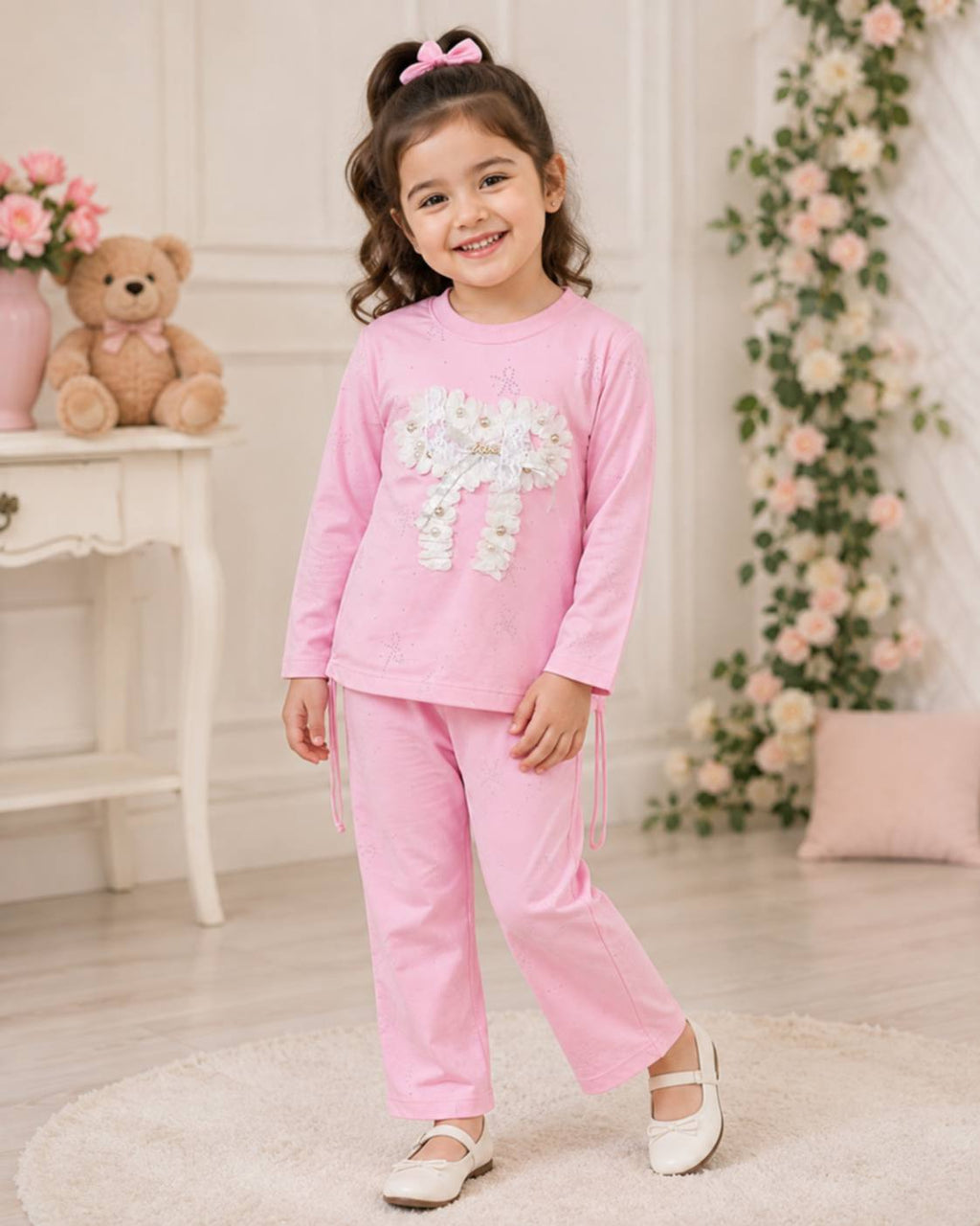 Readymade Winter Stuff Baby Girls 2 Piece Pink Dress Set – Full Sleeves Bow Floral Top with Matching Trousers | Soft & Comfortable Outfit for Girls"