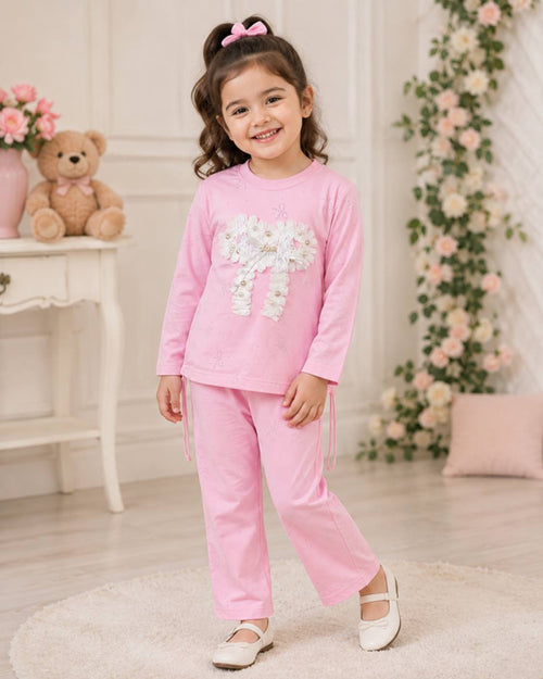 Readymade Winter Stuff Baby Girls 2 Piece Pink Dress Set – Full Sleeves Bow Floral Top with Matching Trousers | Soft & Comfortable Outfit for Girls"