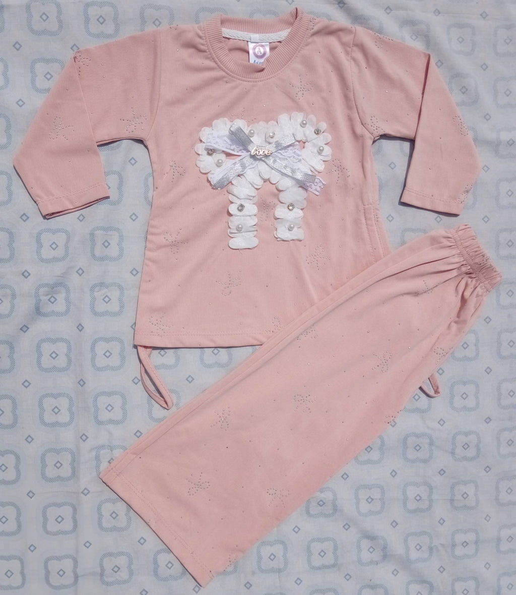 Readymade Wnter Stuff Baby Girls 2 Piece Lite Orange Dress Set – Full Sleeves Bow Floral Top with Matching Trousers | Soft & Comfortable Outfit for Girls