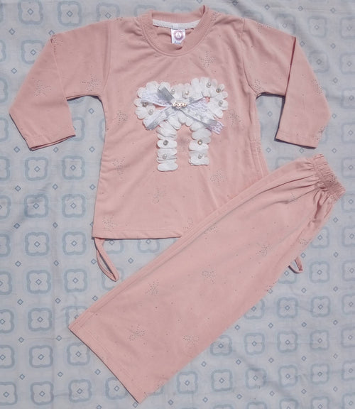 Readymade Wnter Stuff Baby Girls 2 Piece Lite Orange Dress Set – Full Sleeves Bow Floral Top with Matching Trousers | Soft & Comfortable Outfit for Girls