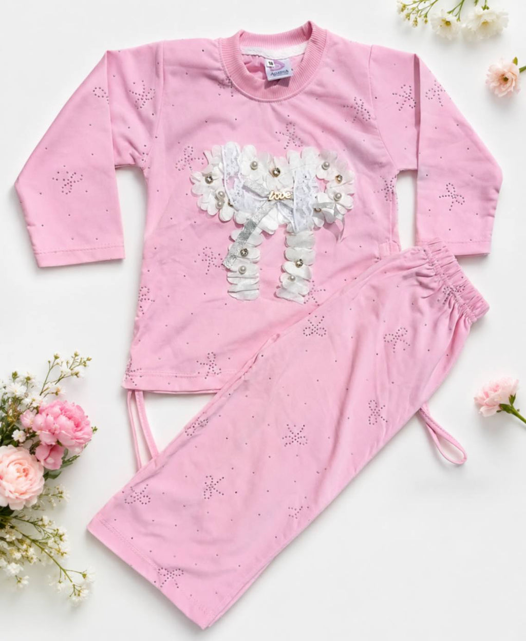 Readymade Winter Stuff Baby Girls 2 Piece Pink Dress Set – Full Sleeves Bow Floral Top with Matching Trousers | Soft & Comfortable Outfit for Girls"