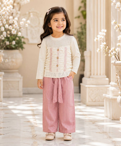 Readymade Winter Stuff Girls 2 Piece China Lycra Dress – Ruched Long Shirt with Chiffon Palazzo Pants | Stylish Casual Outfit for Girls