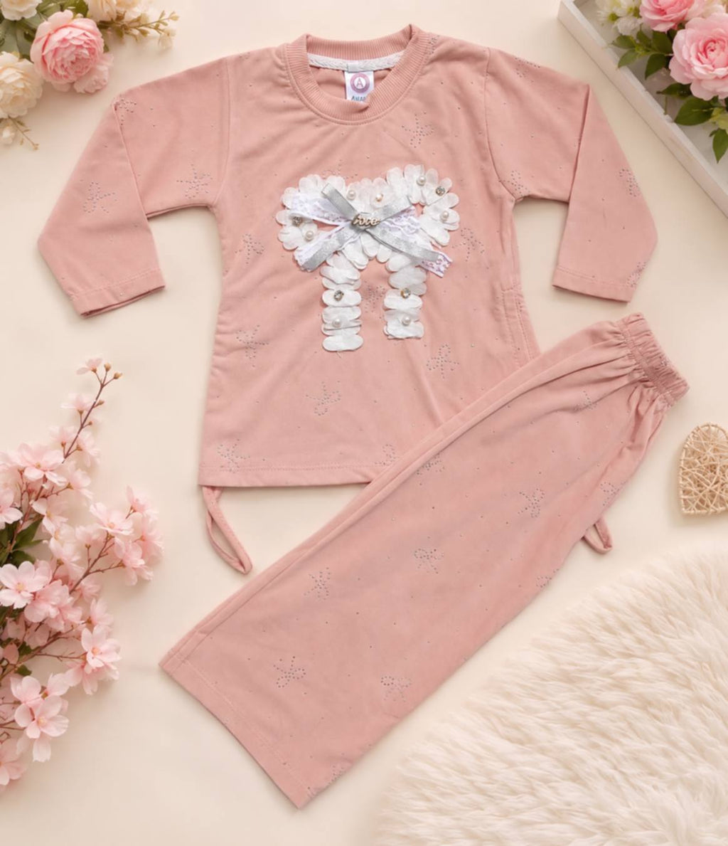Readymade Wnter Stuff Baby Girls 2 Piece Lite Orange Dress Set – Full Sleeves Bow Floral Top with Matching Trousers | Soft & Comfortable Outfit for Girls
