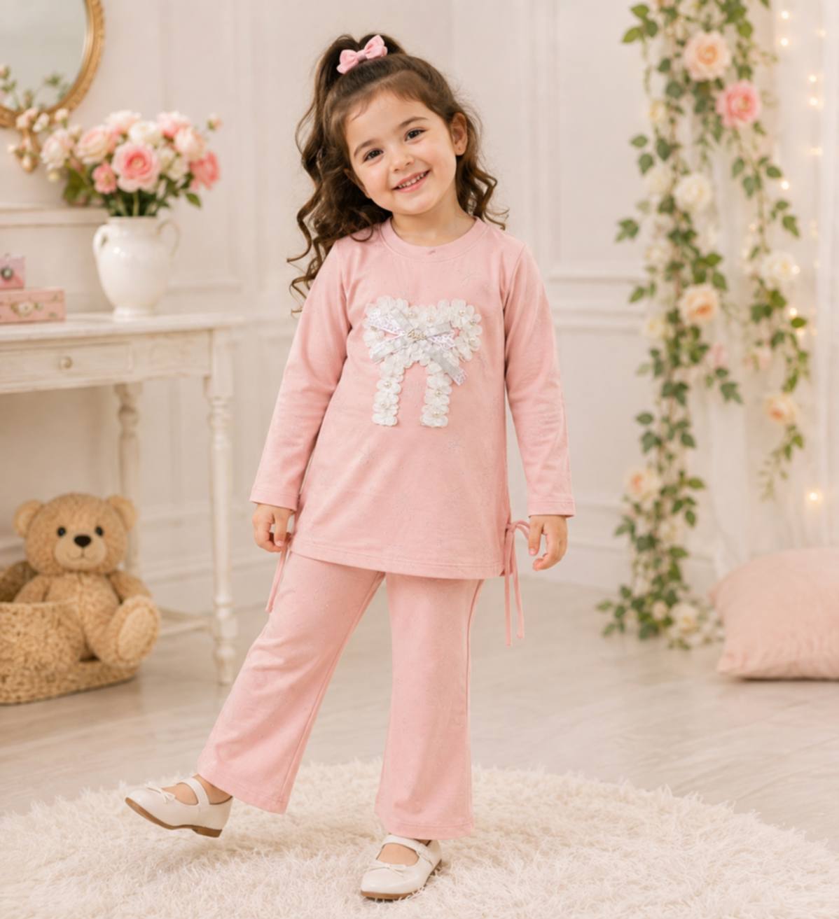 Readymade Wnter Stuff Baby Girls 2 Piece Lite Orange Dress Set – Full Sleeves Bow Floral Top with Matching Trousers | Soft & Comfortable Outfit for Girls