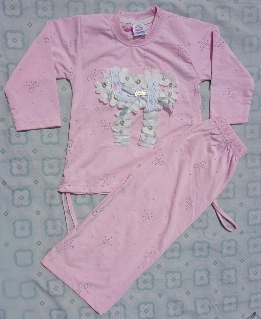 Readymade Winter Stuff Baby Girls 2 Piece Pink Dress Set – Full Sleeves Bow Floral Top with Matching Trousers | Soft & Comfortable Outfit for Girls"