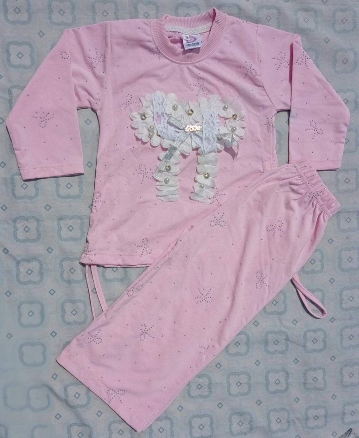 Readymade Winter Stuff Baby Girls 2 Piece Pink Dress Set – Full Sleeves Bow Floral Top with Matching Trousers | Soft & Comfortable Outfit for Girls"
